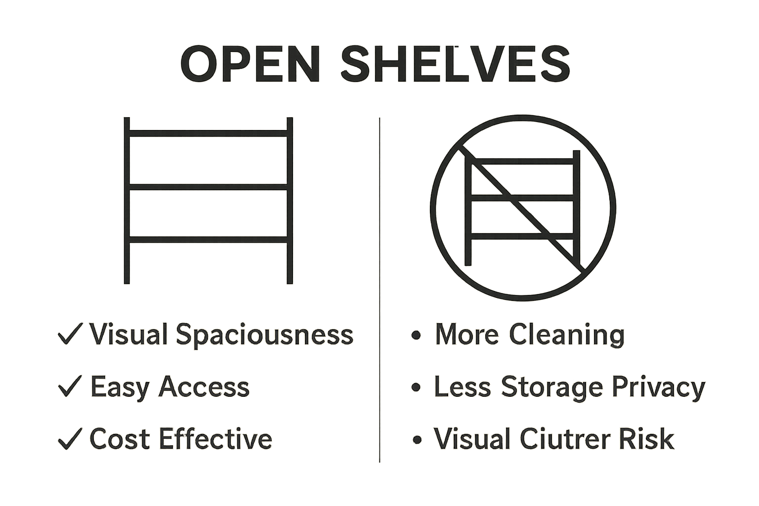 Infographic comparing open shelving pros and cons