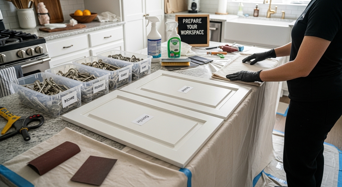 prepare workspace cabinet painting