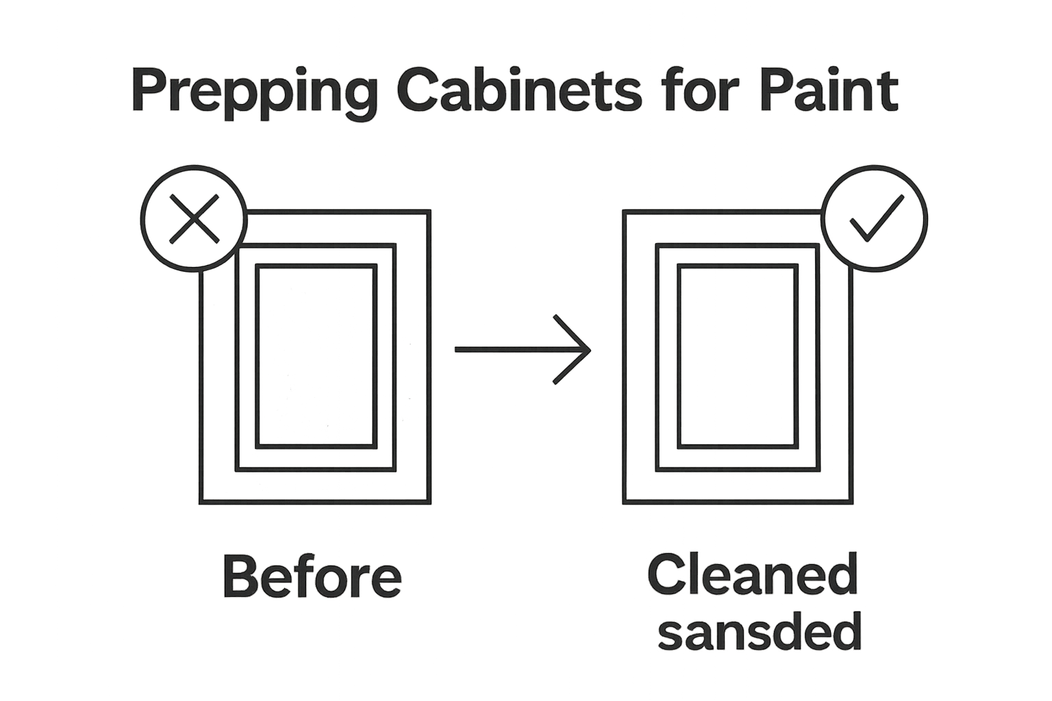 Infographic comparing unprepped dirty cabinet door vs. sanded clean one