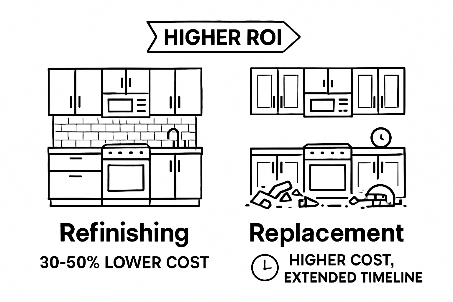 Infographic comparing cabinet refinishing vs replacement costs and value