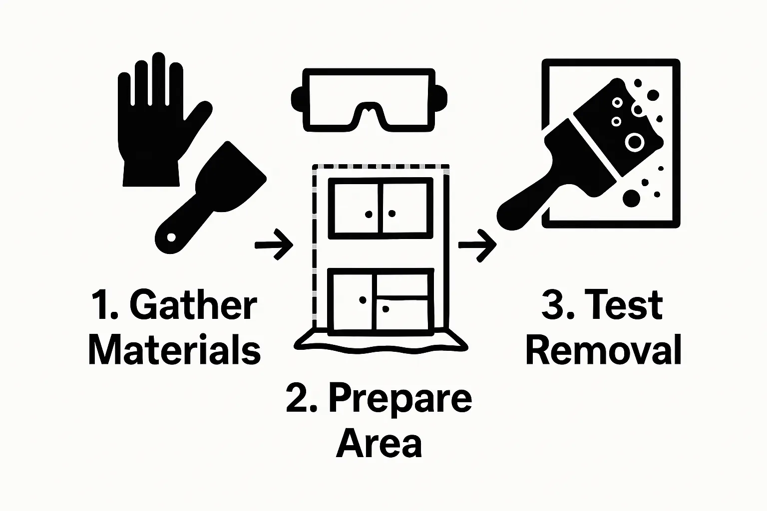 Simple visual guide to starting cabinet finish removal: supply gathering, workspace prep, testing stripper.