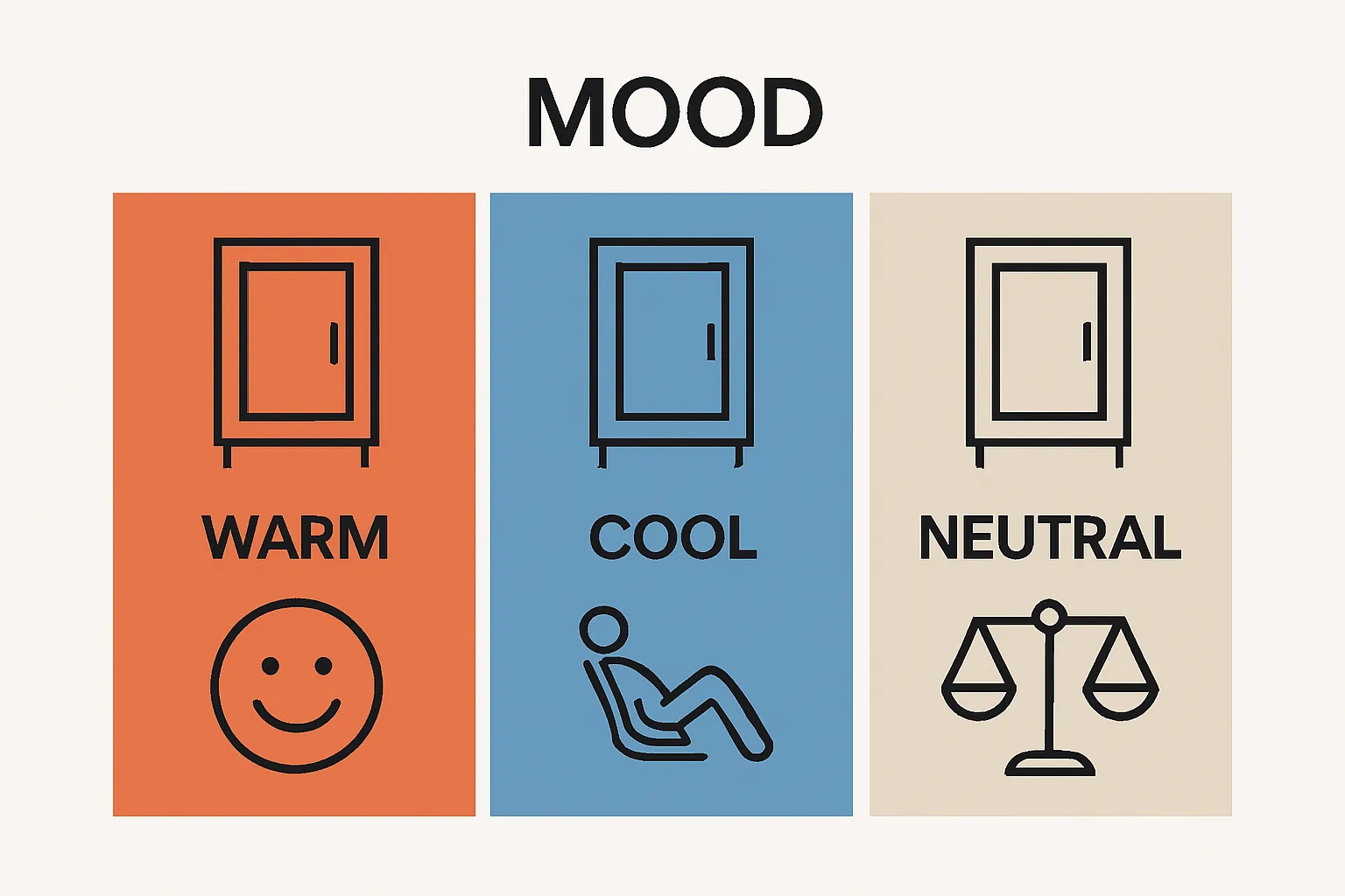 Infographic comparing emotional impacts of warm, cool, and neutral cabinet colors.