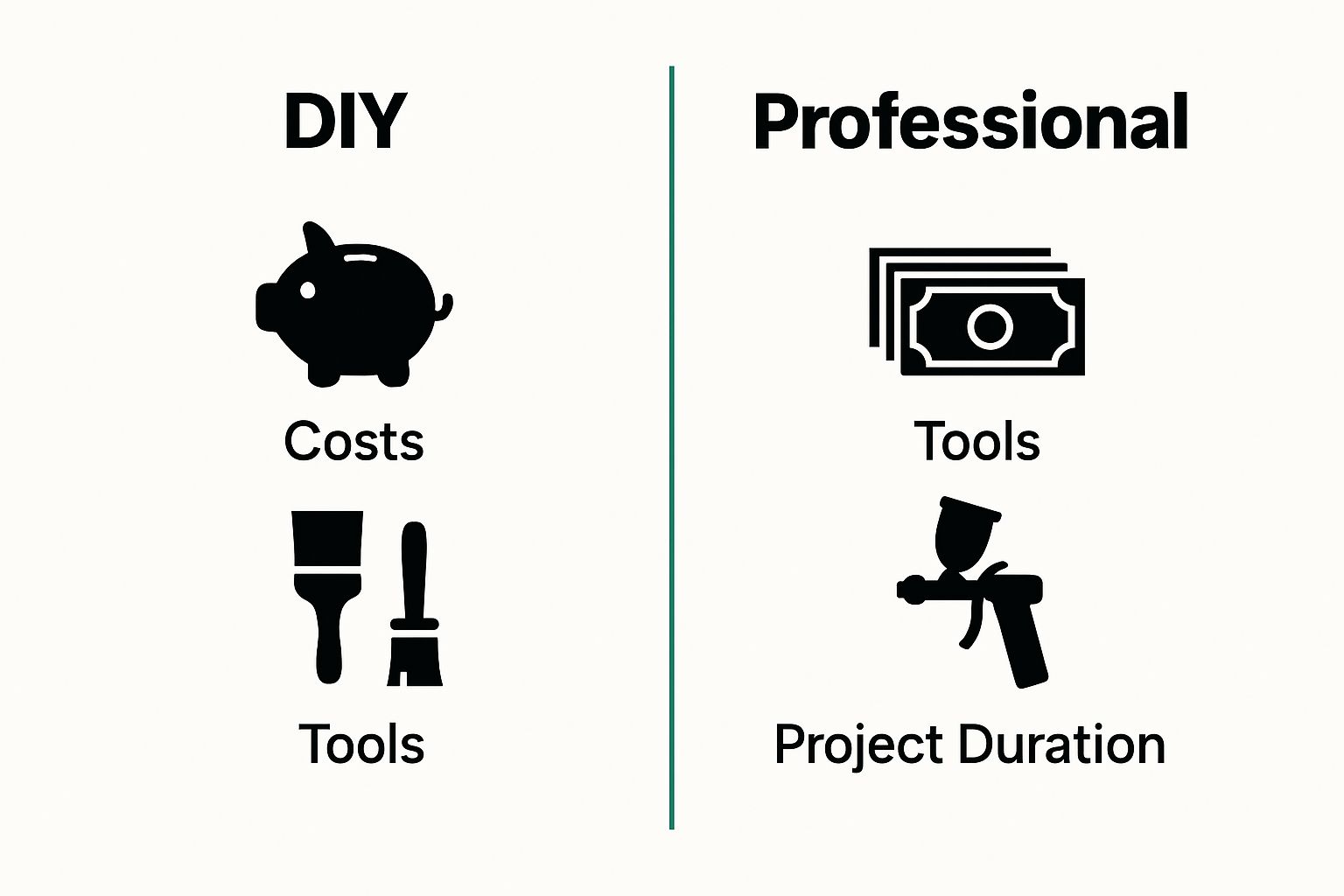 Visual comparison of DIY and professional cabinet painting by costs, tools, and duration