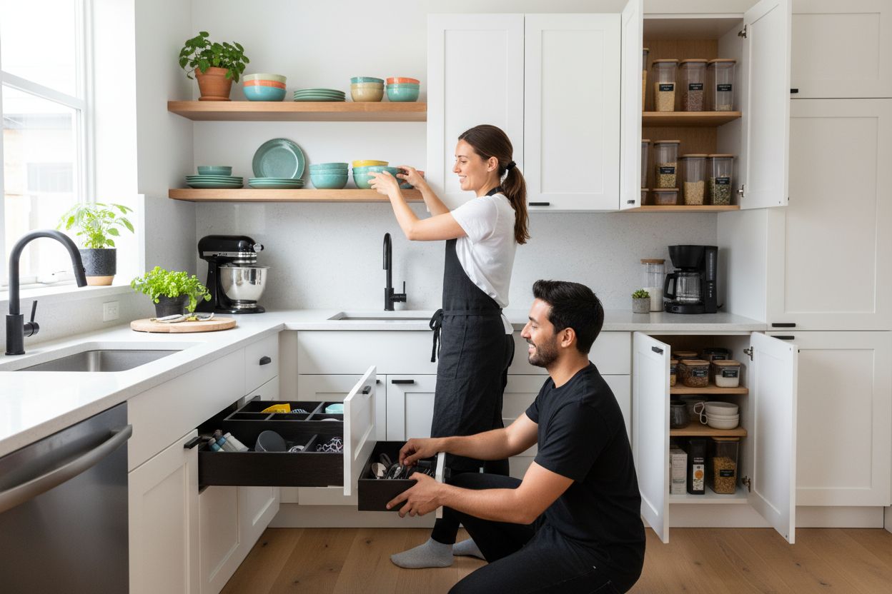 small kitchen organization, modern kitchen, people organizing