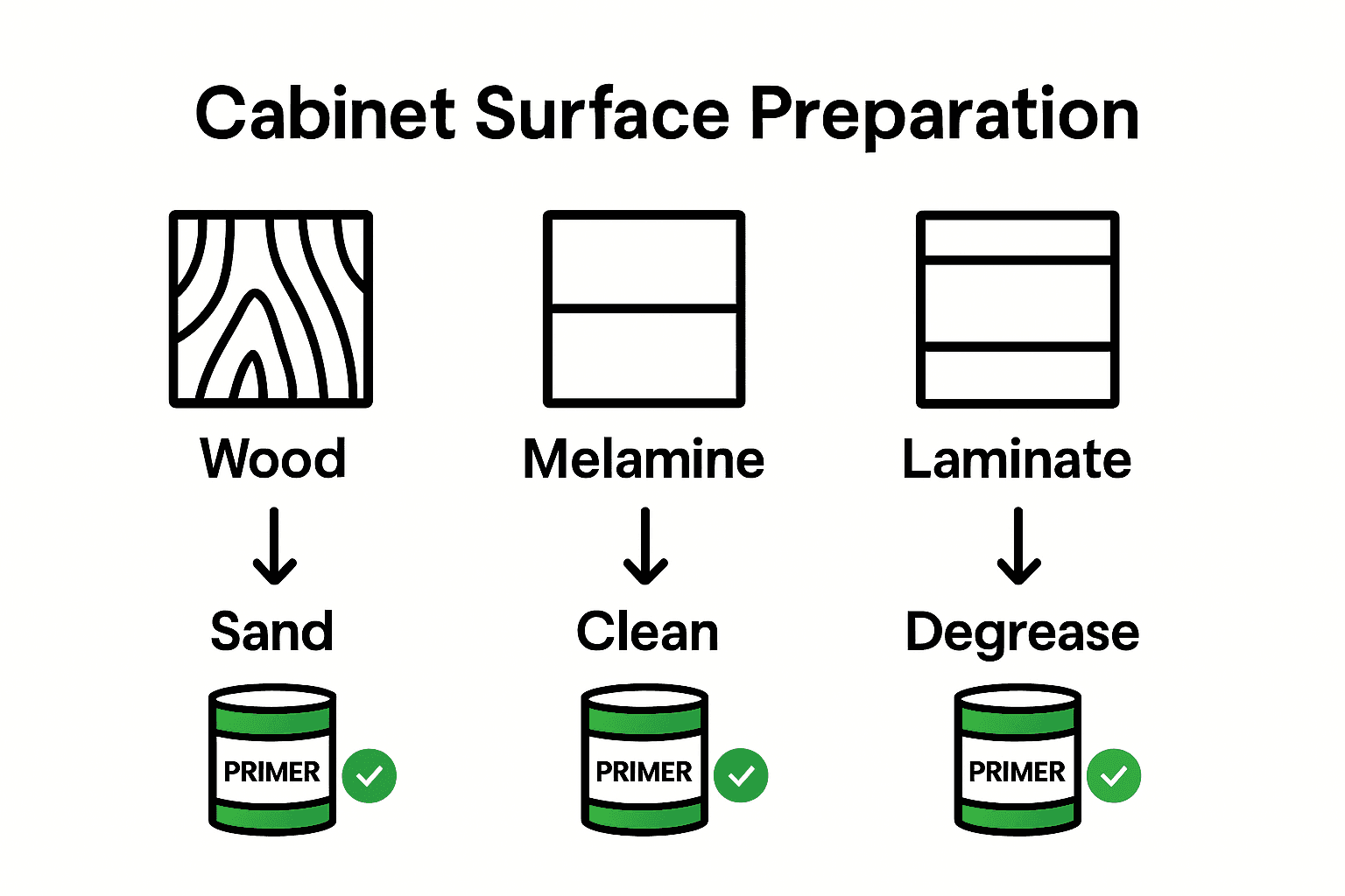Infographic comparing prep and primer types for wood, melamine, and laminate cabinets.