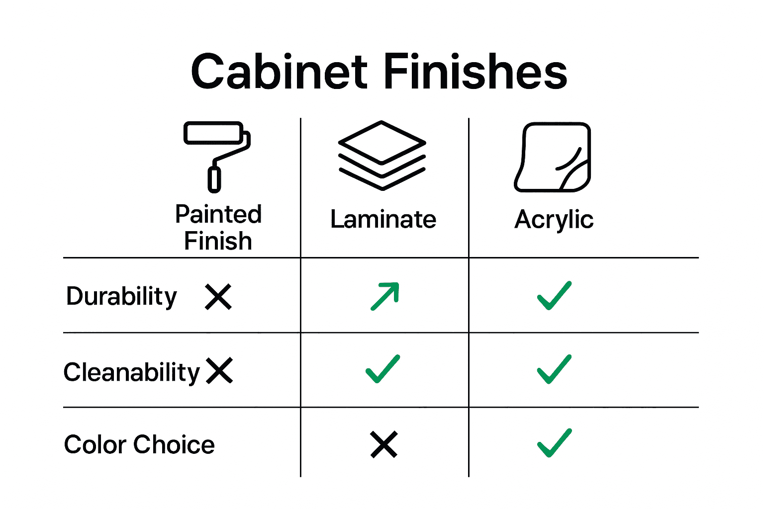 Chart comparing cabinet paint, laminate, and acrylic finishes.
