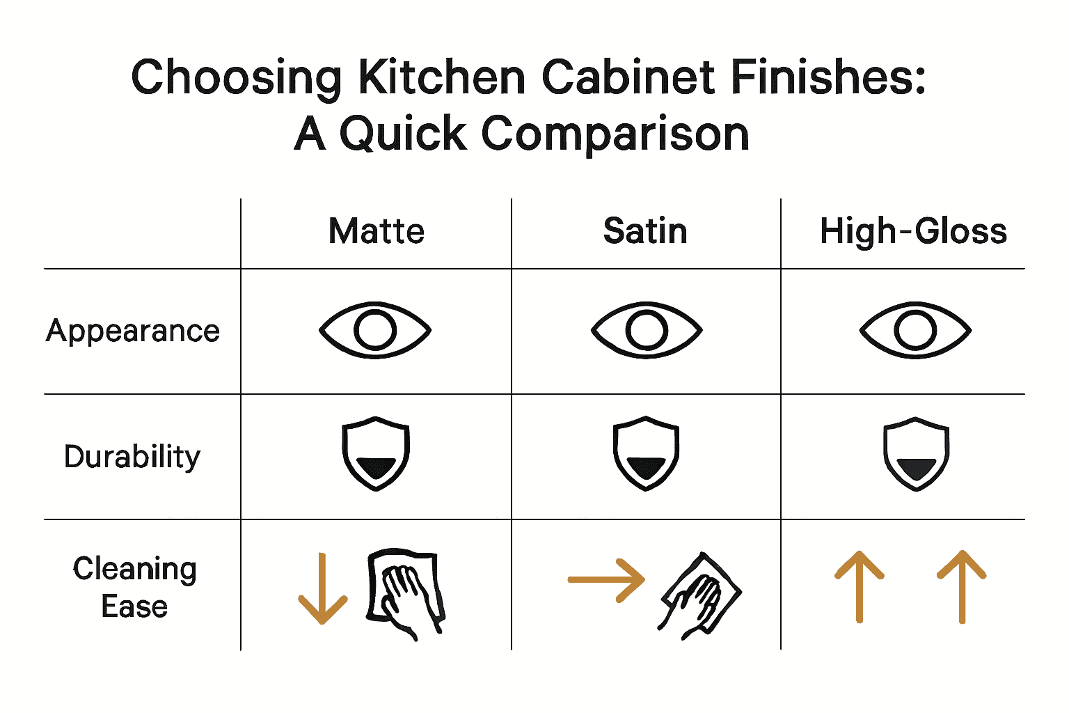 Infographic comparing matte, satin, semi-gloss, and high-gloss cabinet paint finishes.