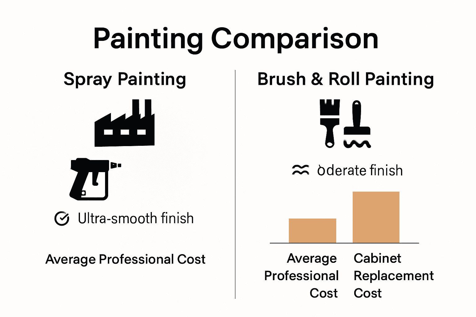 Infographic comparing spray painting and brush-and-roll methods for kitchen cabinets with cost chart.
