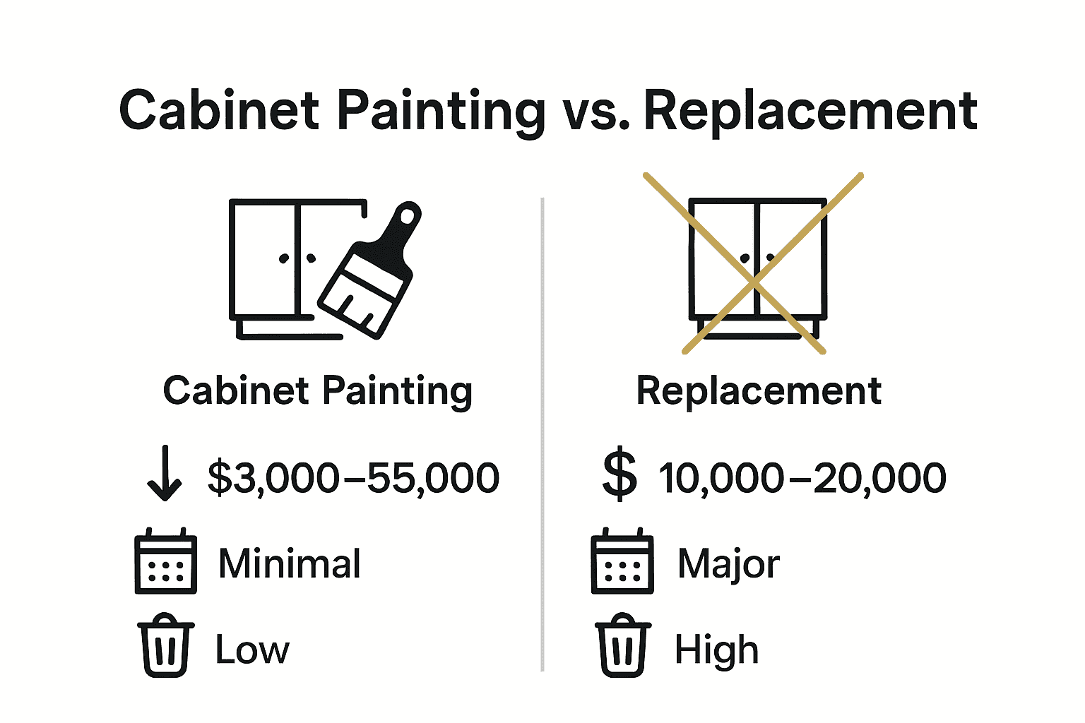 Infographic comparing cabinet painting and cabinet replacement on cost, time, and waste