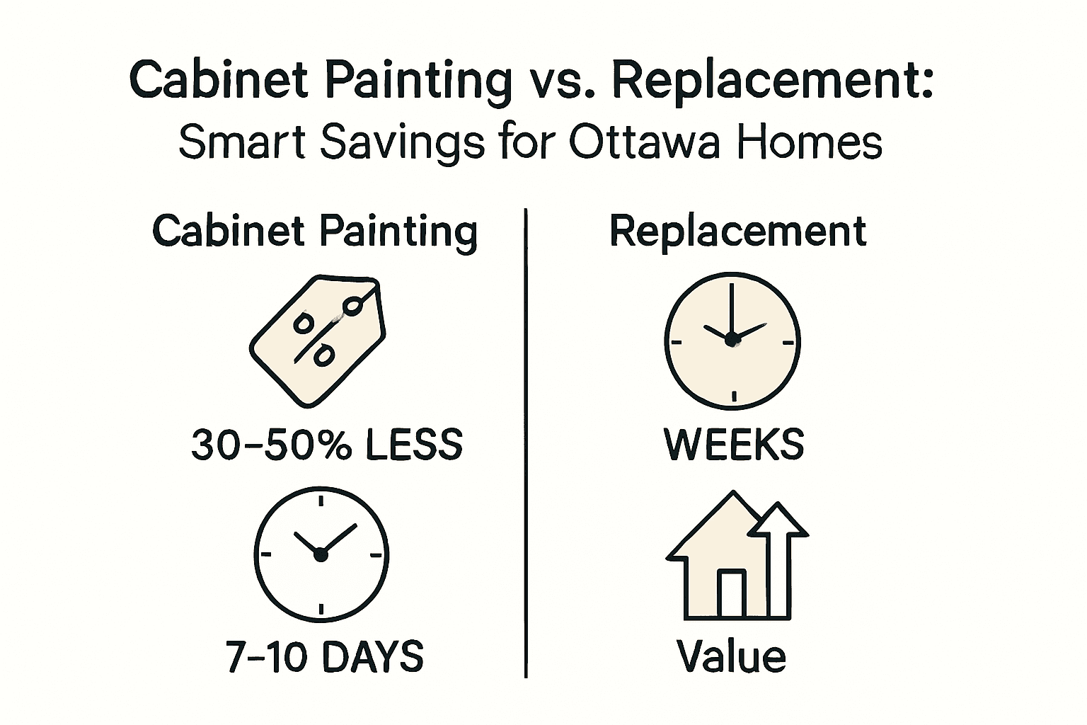 Infographic comparing cost, time, and value of cabinet painting vs. replacement.