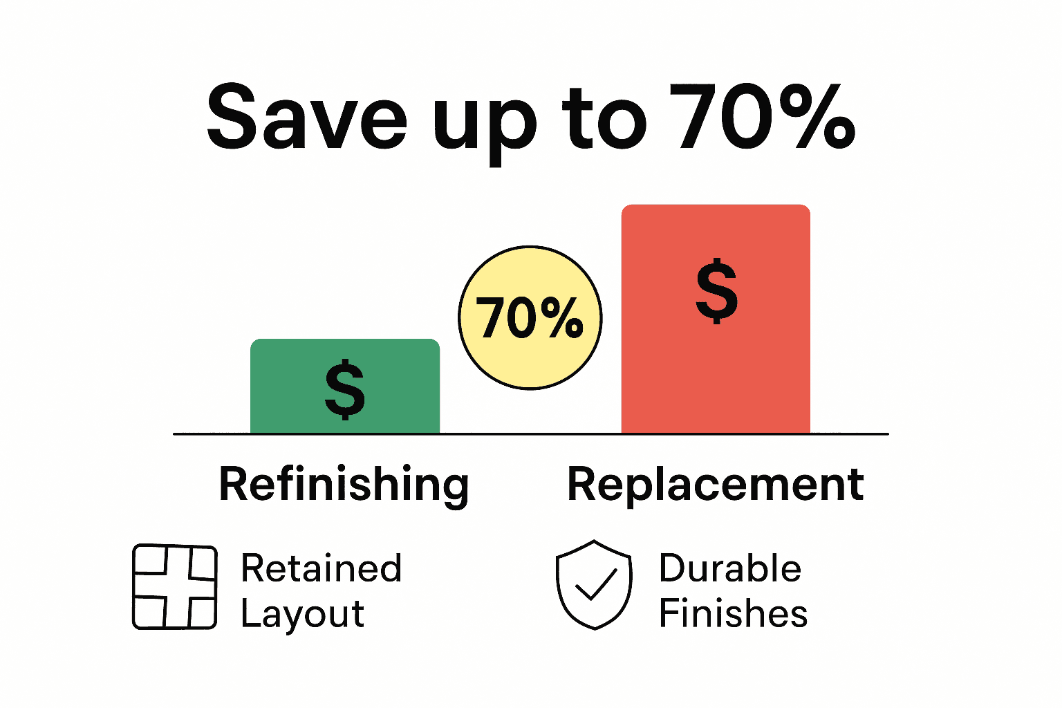 Infographic comparing cabinet refinishing and replacement with cost savings and benefits highlighted.