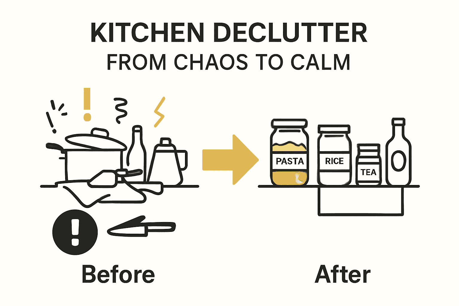 Infographic comparing cluttered kitchen counter to organized kitchen space