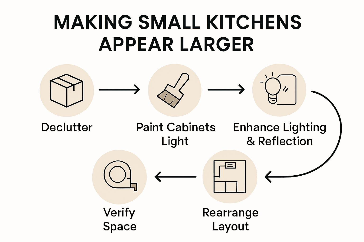 Infographic summarizing five steps to make small kitchens look bigger with icons and short labels.