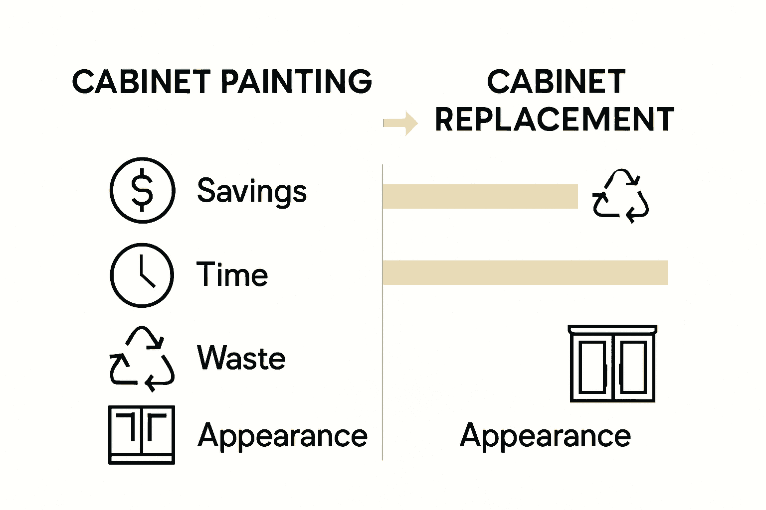 Infographic comparing painting vs replacing cabinets: cost, time, and environmental impact.
