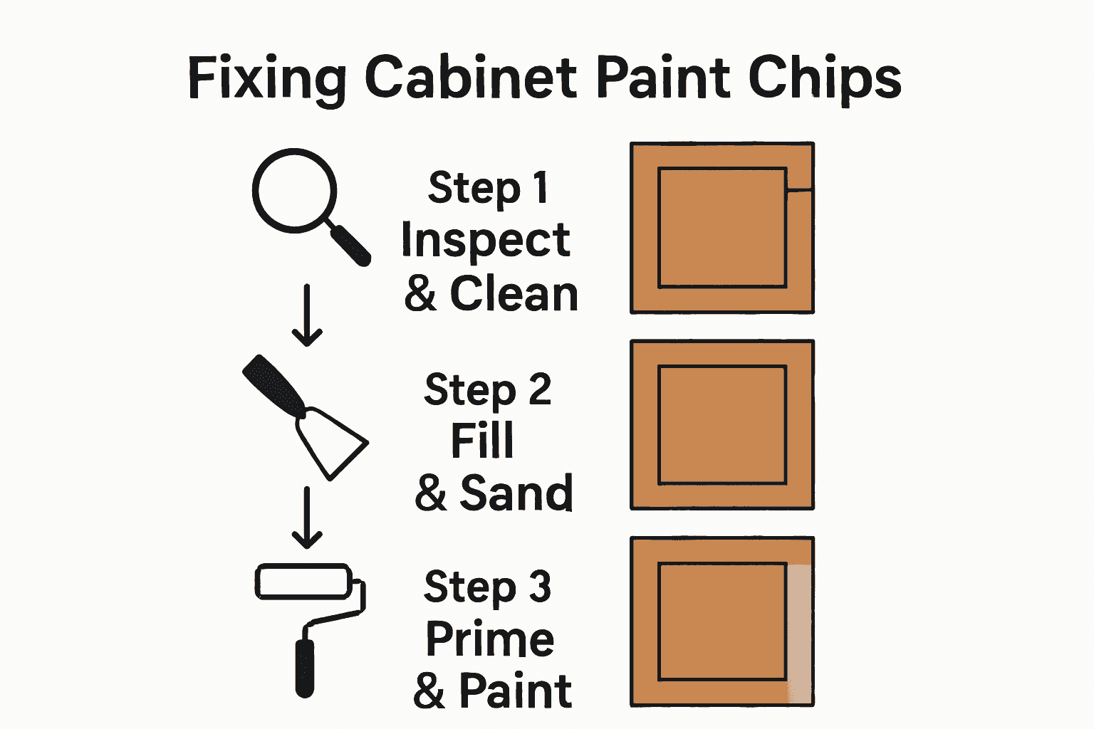 Three-step infographic showing inspection, filling, and painting of cabinet chips