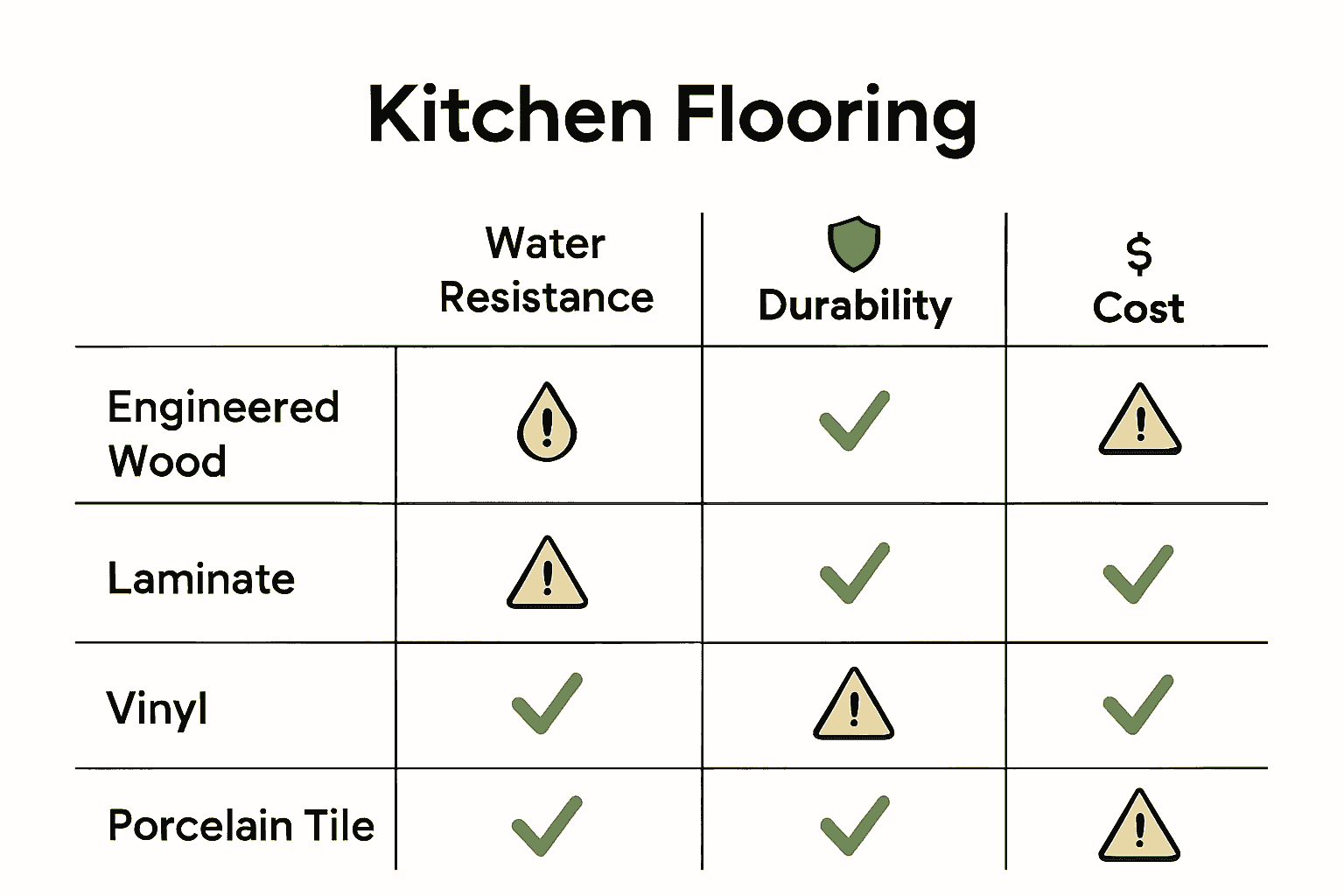 Infographic comparing kitchen flooring options on durability, water resistance, and cost.