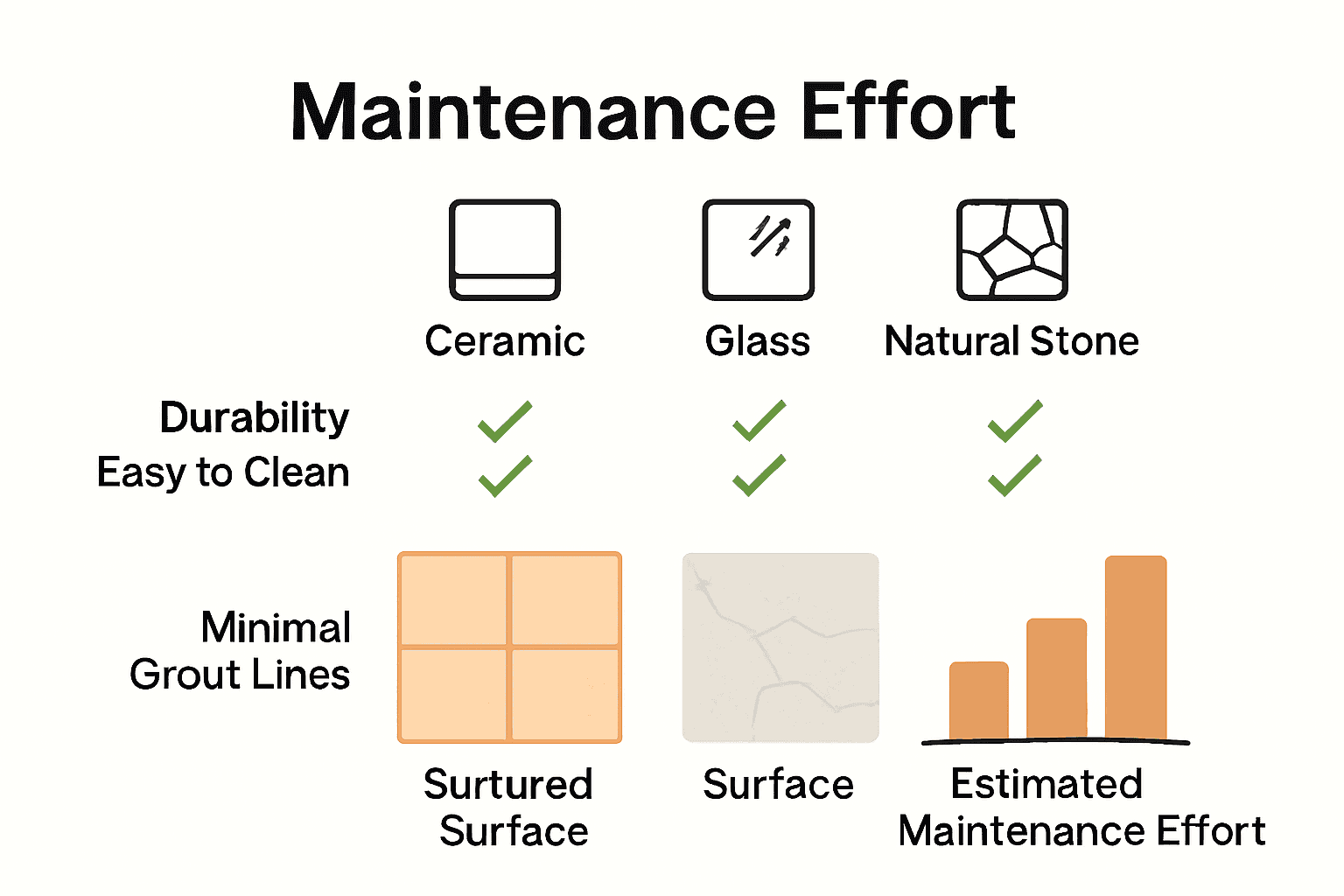Infographic comparing backsplash materials: ceramic, glass, and stone for kitchens