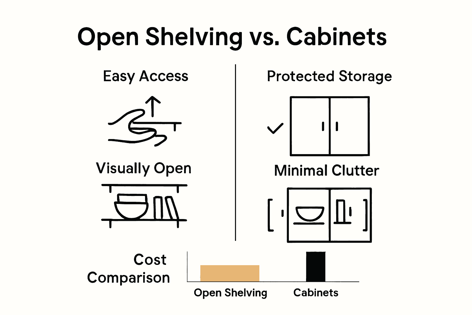 Infographic comparing open shelving and cabinets by access, clutter, and cost.