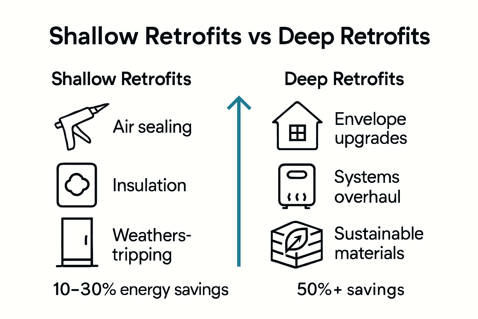 Infographic comparing shallow vs deep home retrofits with icons and savings percentages.