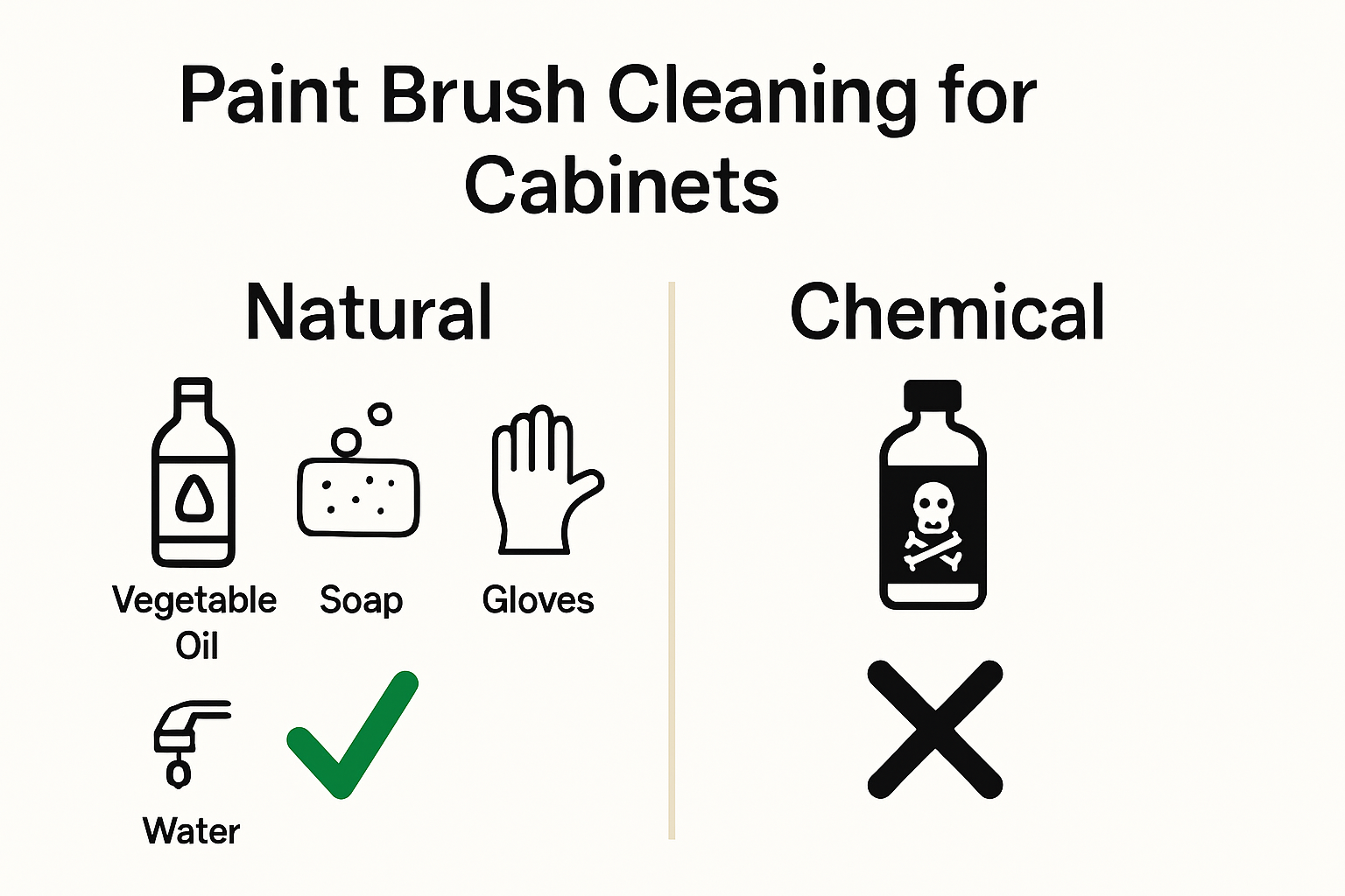 Infographic comparing natural and chemical paint brush cleaning methods for cabinets.