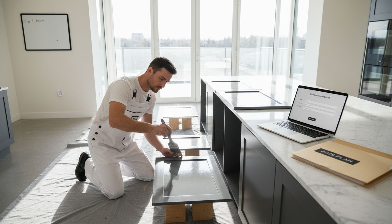 Professional painting cabinets in a modern kitchen