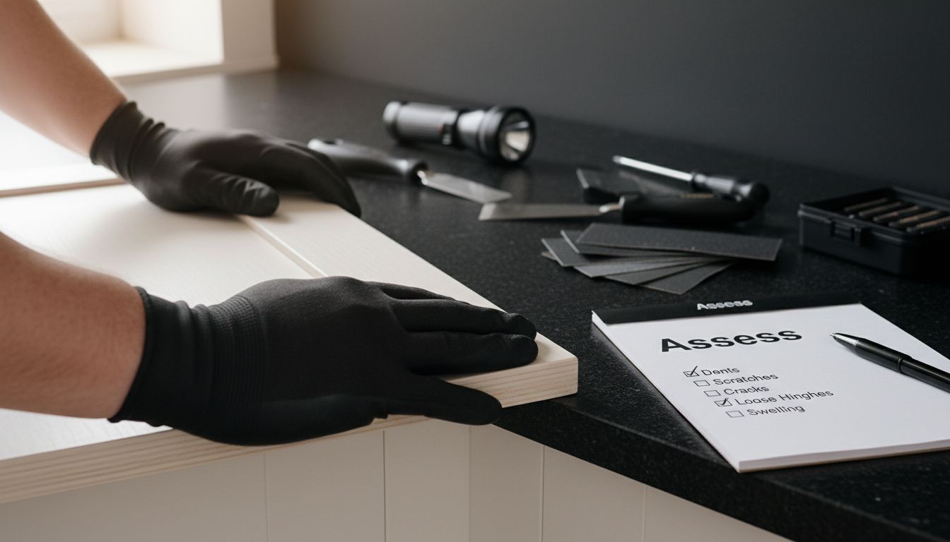 Inspecting kitchen cabinet for paint preparation