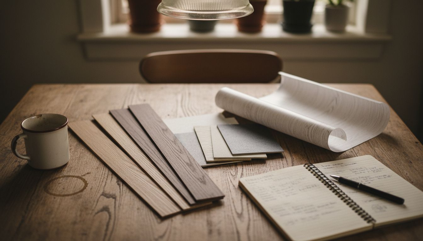 Samples of cabinet resurfacing materials on table