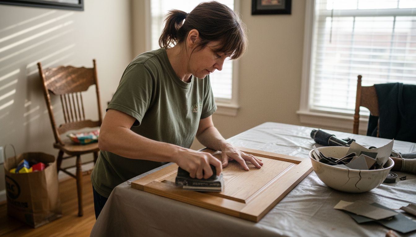 Sanding cabinet doors in home workspace