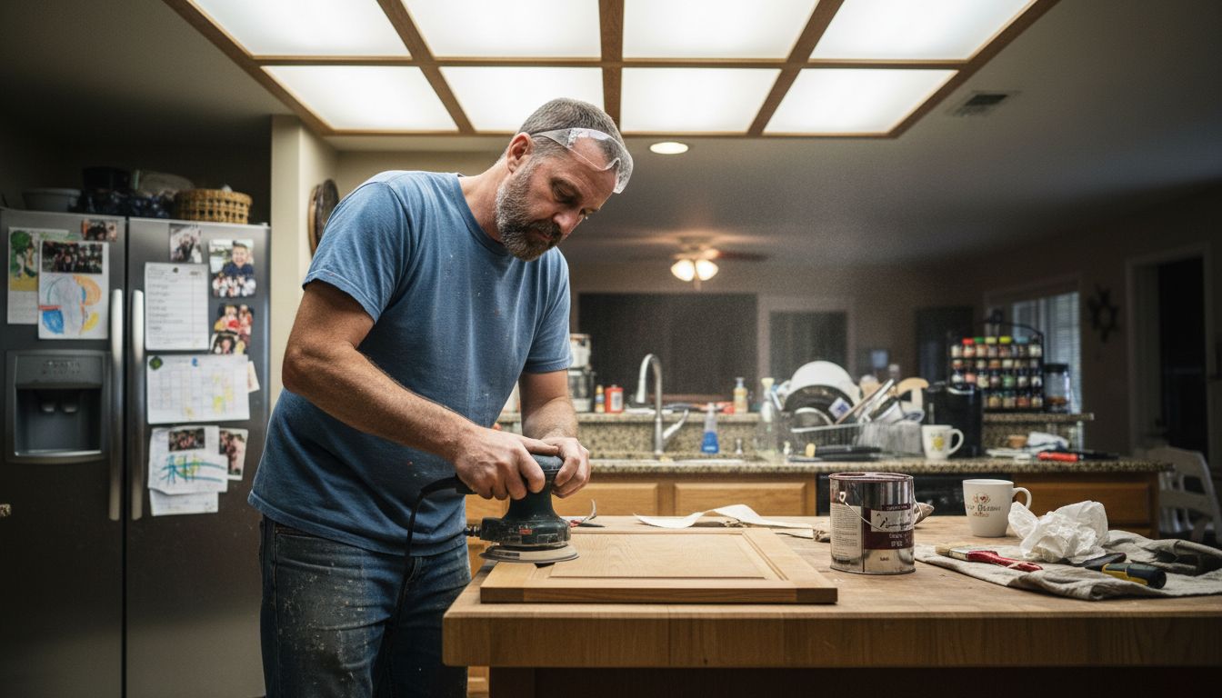 Homeowner sanding cabinet door in kitchen