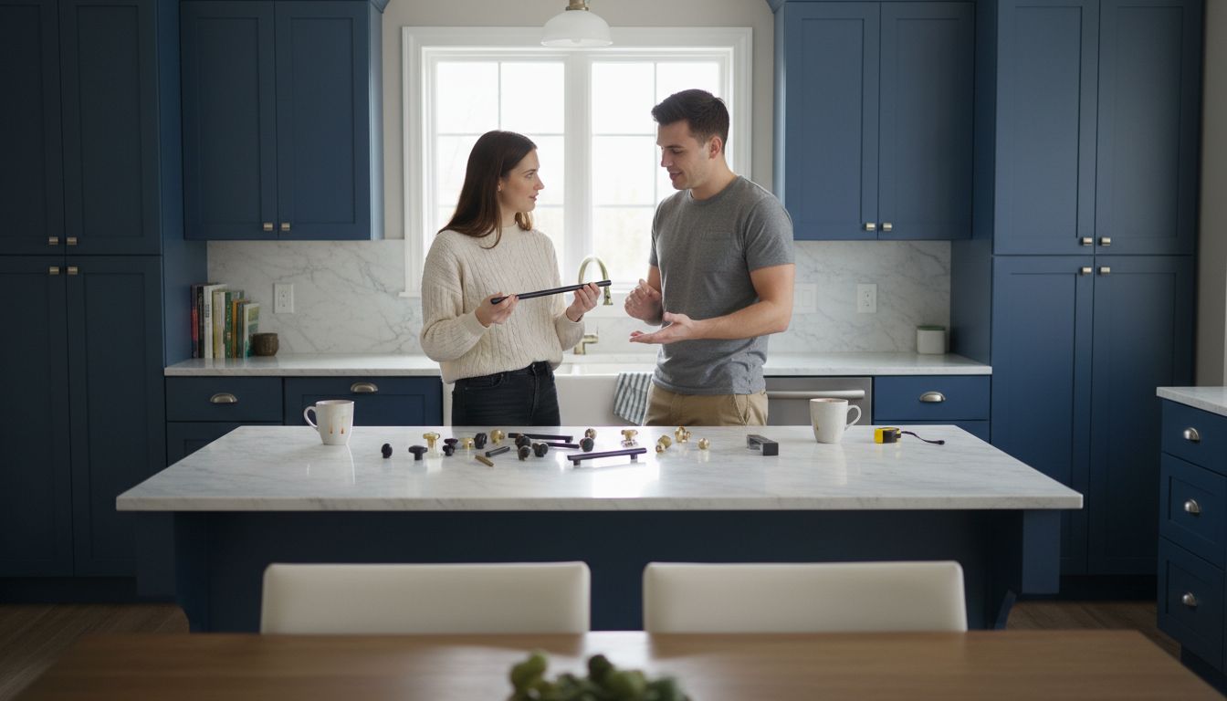 Couple choosing new cabinet hardware in modern Ottawa kitchen