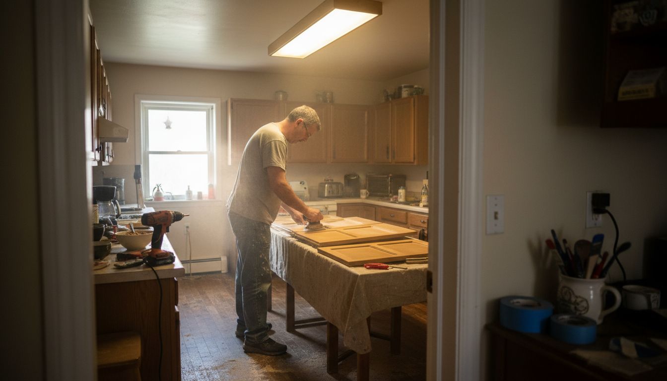 Homeowner refinishing kitchen cabinets Ottawa