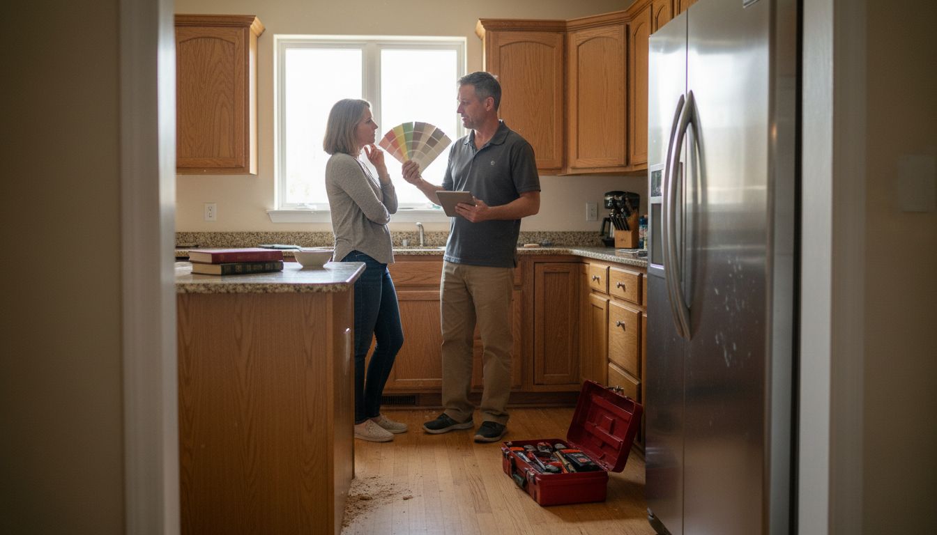 Couple discussing kitchen cabinet refacing with contractor
