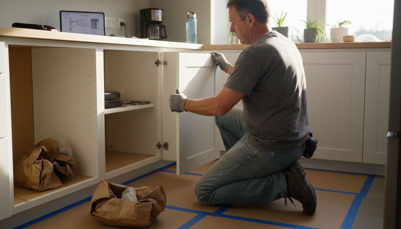 Installer aligns new cabinet door during refacing