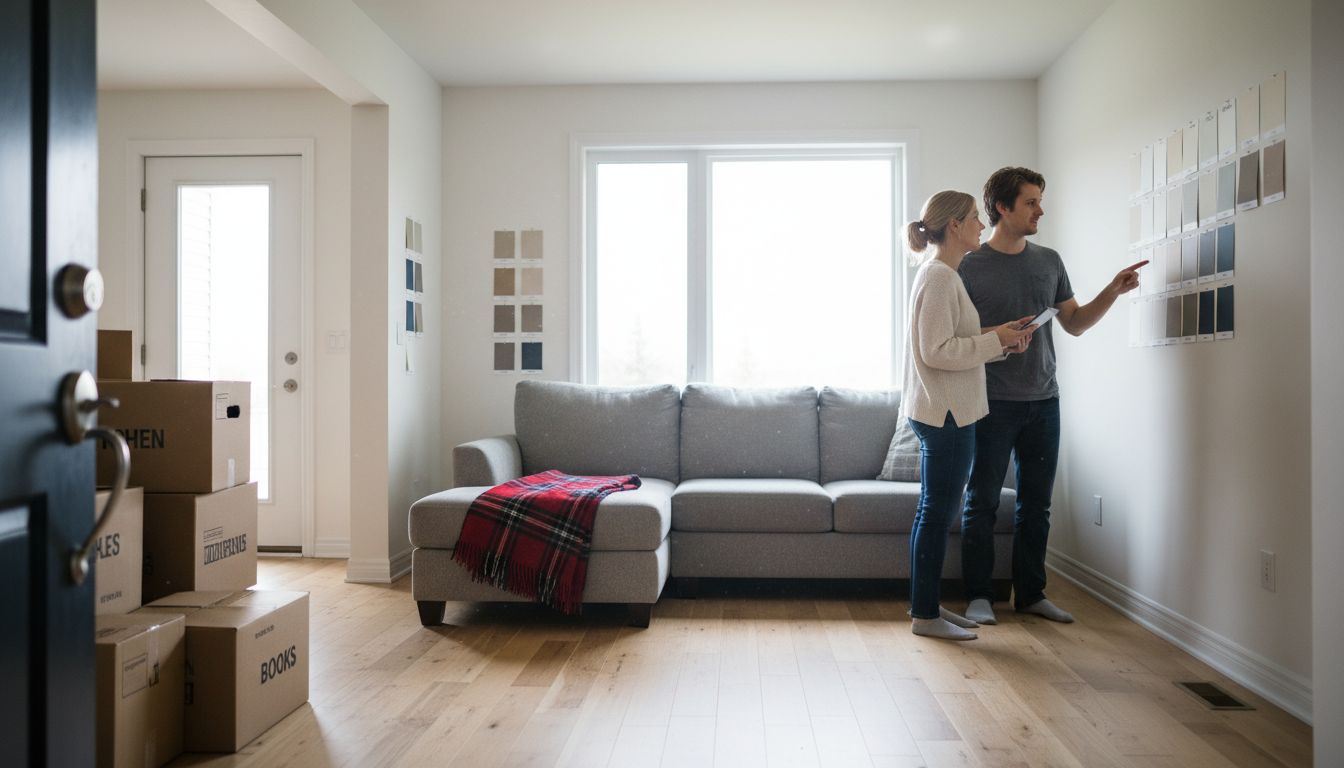 Couple reviewing paint samples in bright Ottawa home
