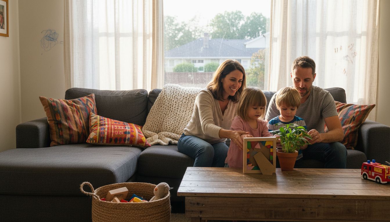 Family decorating living room on a budget