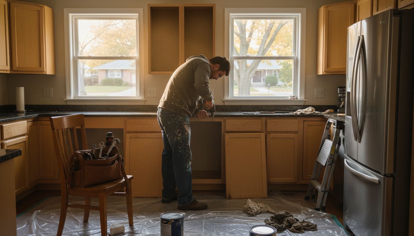 Painter preparing Ottawa kitchen cabinets for painting
