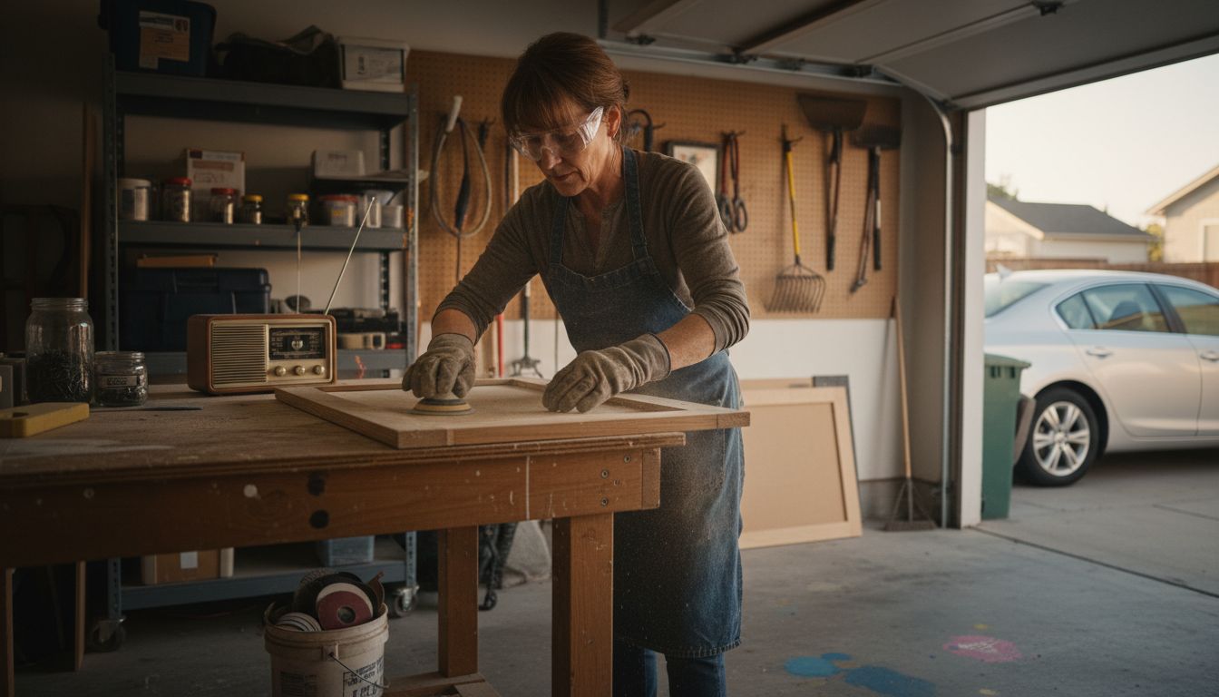 Sanding cabinet door during refinishing process