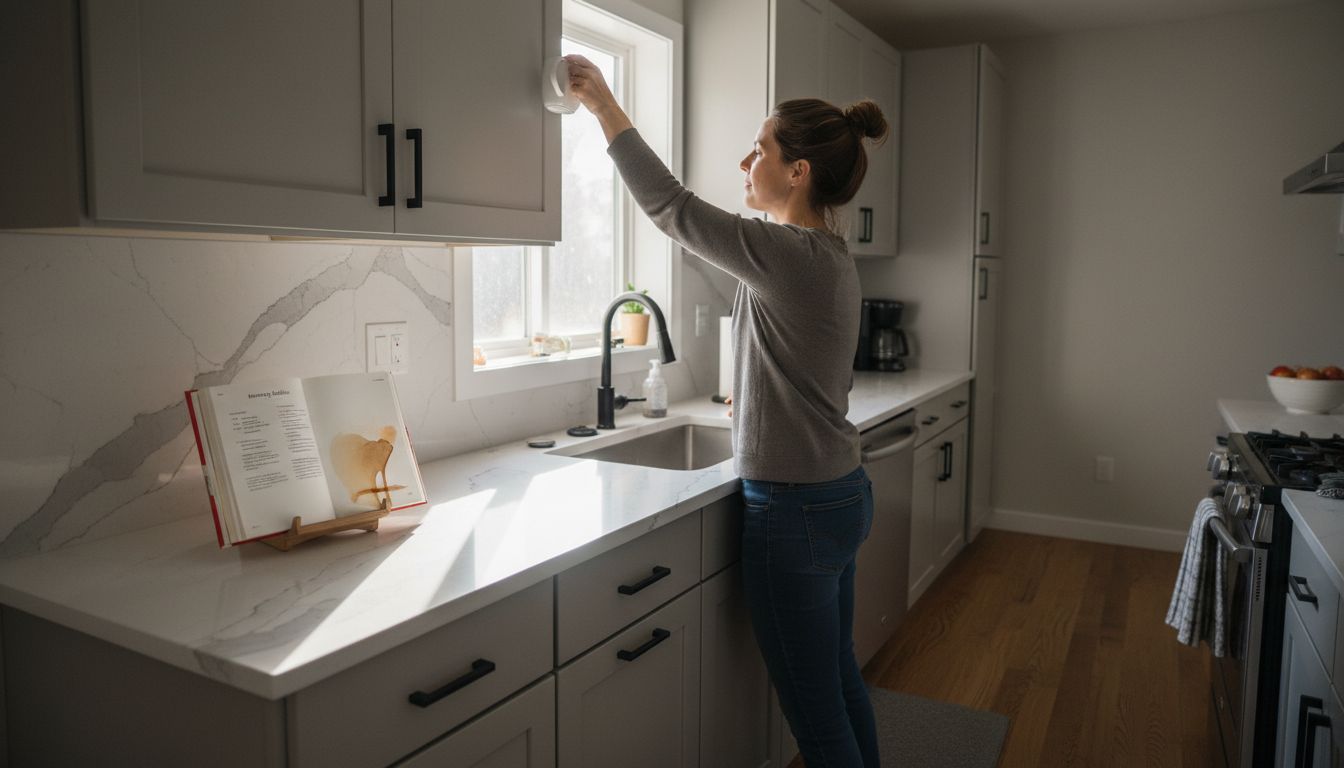 Homeowner in Ottawa kitchen with greige cabinets