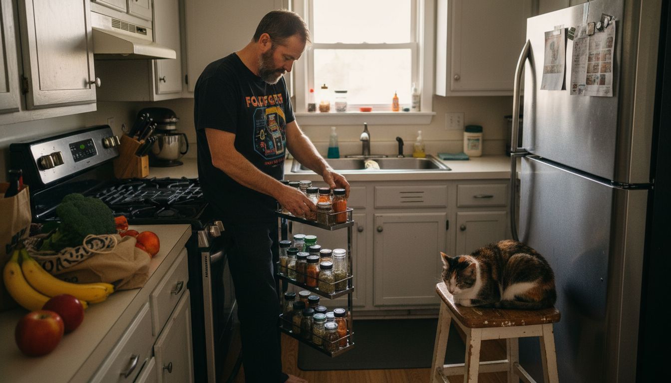 Man adjusting pull-out kitchen spice rack