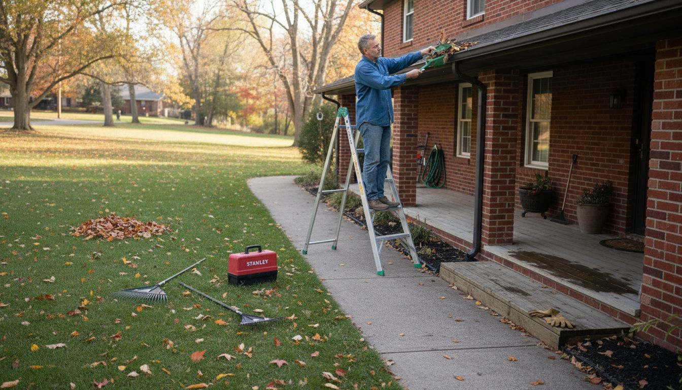 Homeowner cleaning gutters on brick house exterior