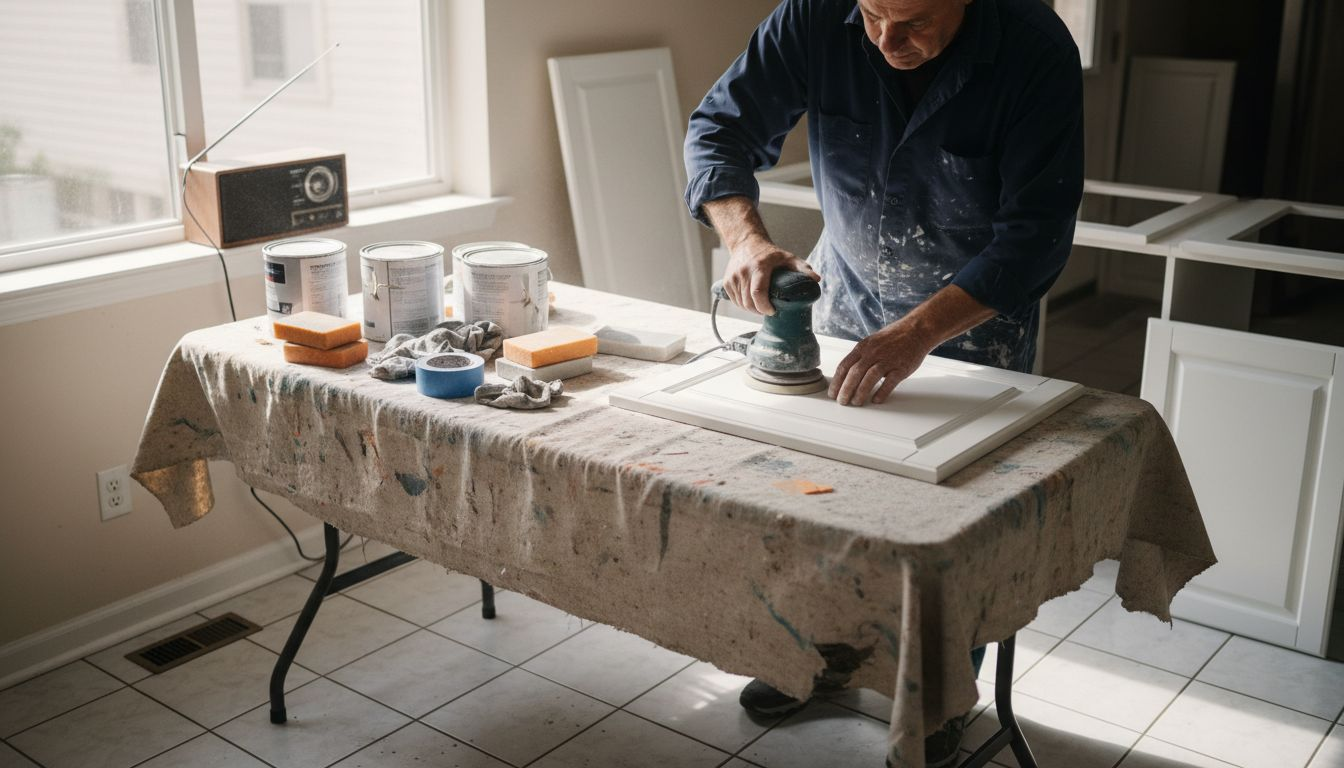 Painter prepping kitchen cabinets in Ottawa home
