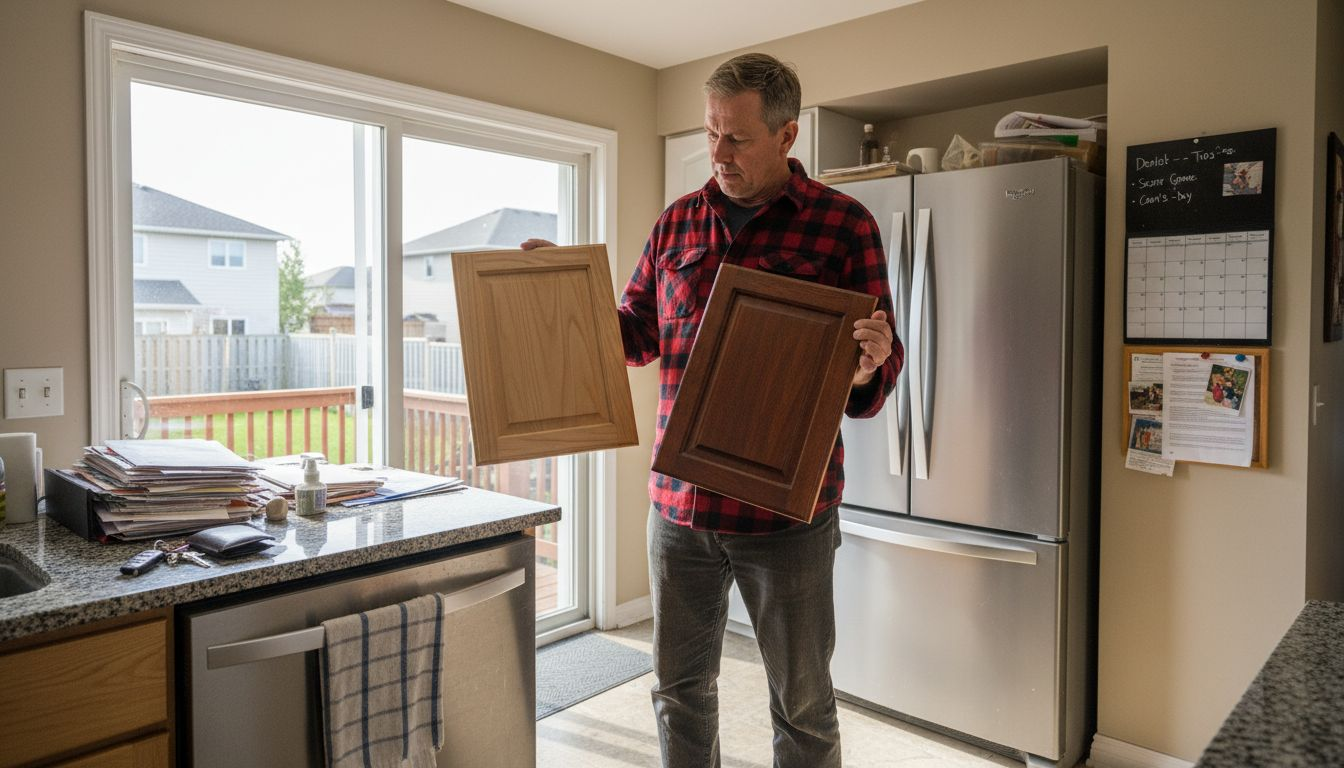 Homeowner reviews cabinet door samples in Ottawa kitchen
