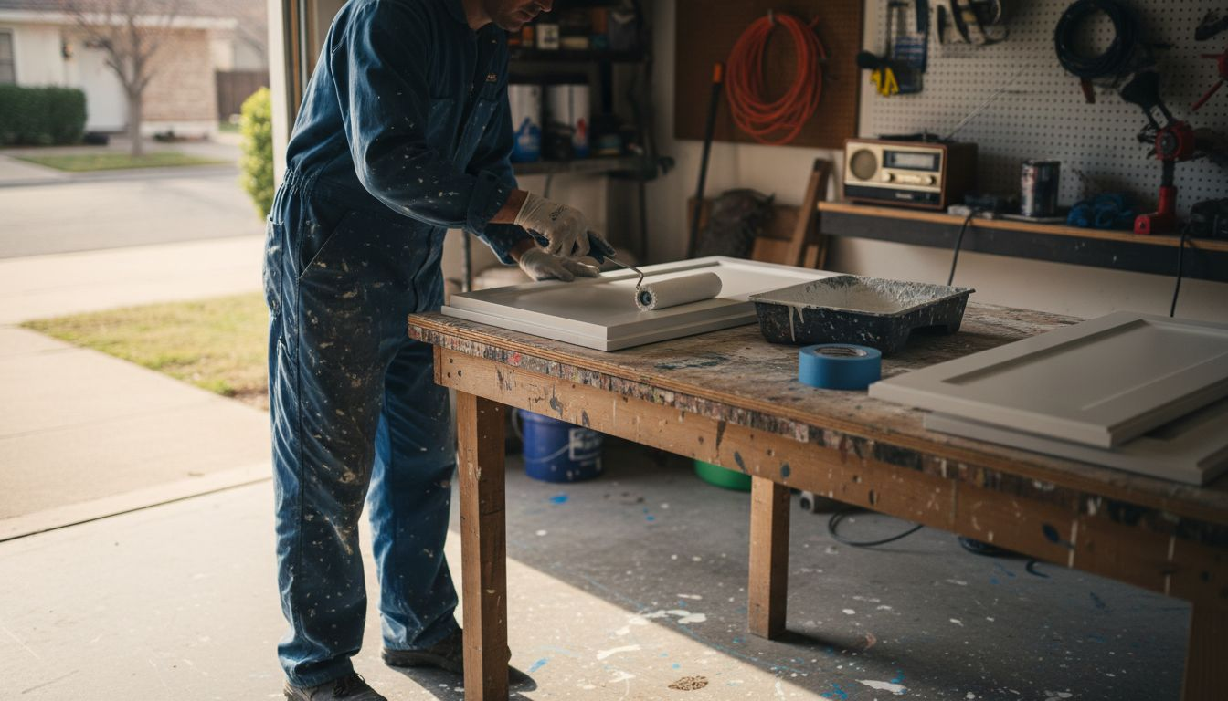 Painter applying primer to cabinet doors