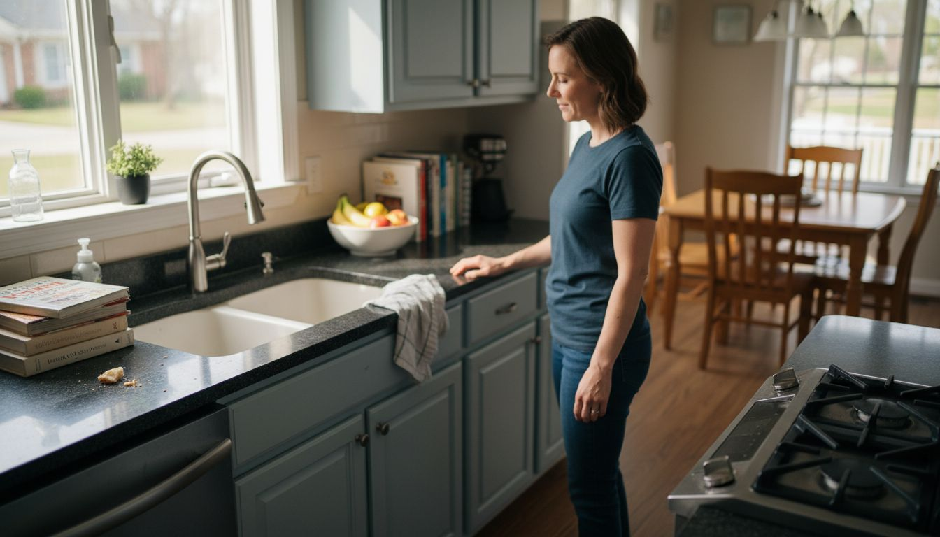 Homeowner touching painted kitchen cabinet surface