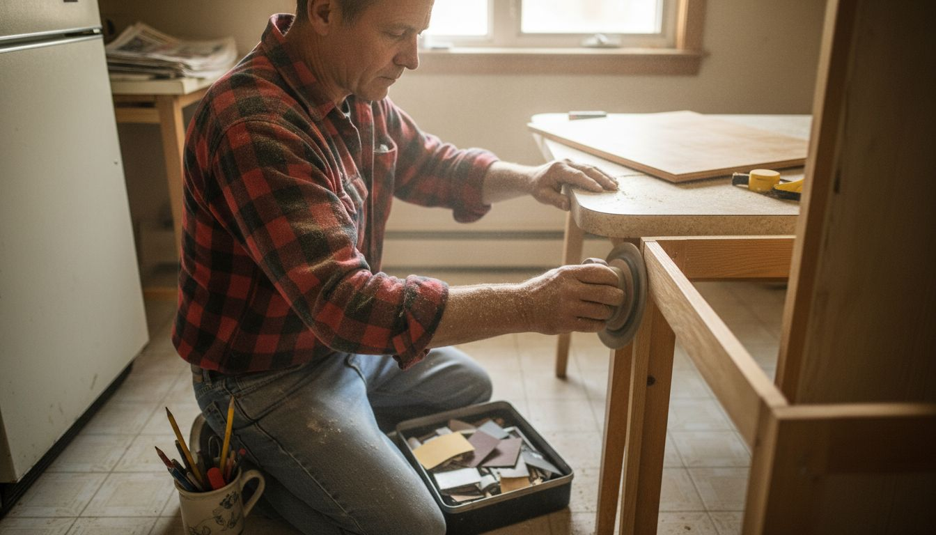 Contractor sanding kitchen cabinet frames