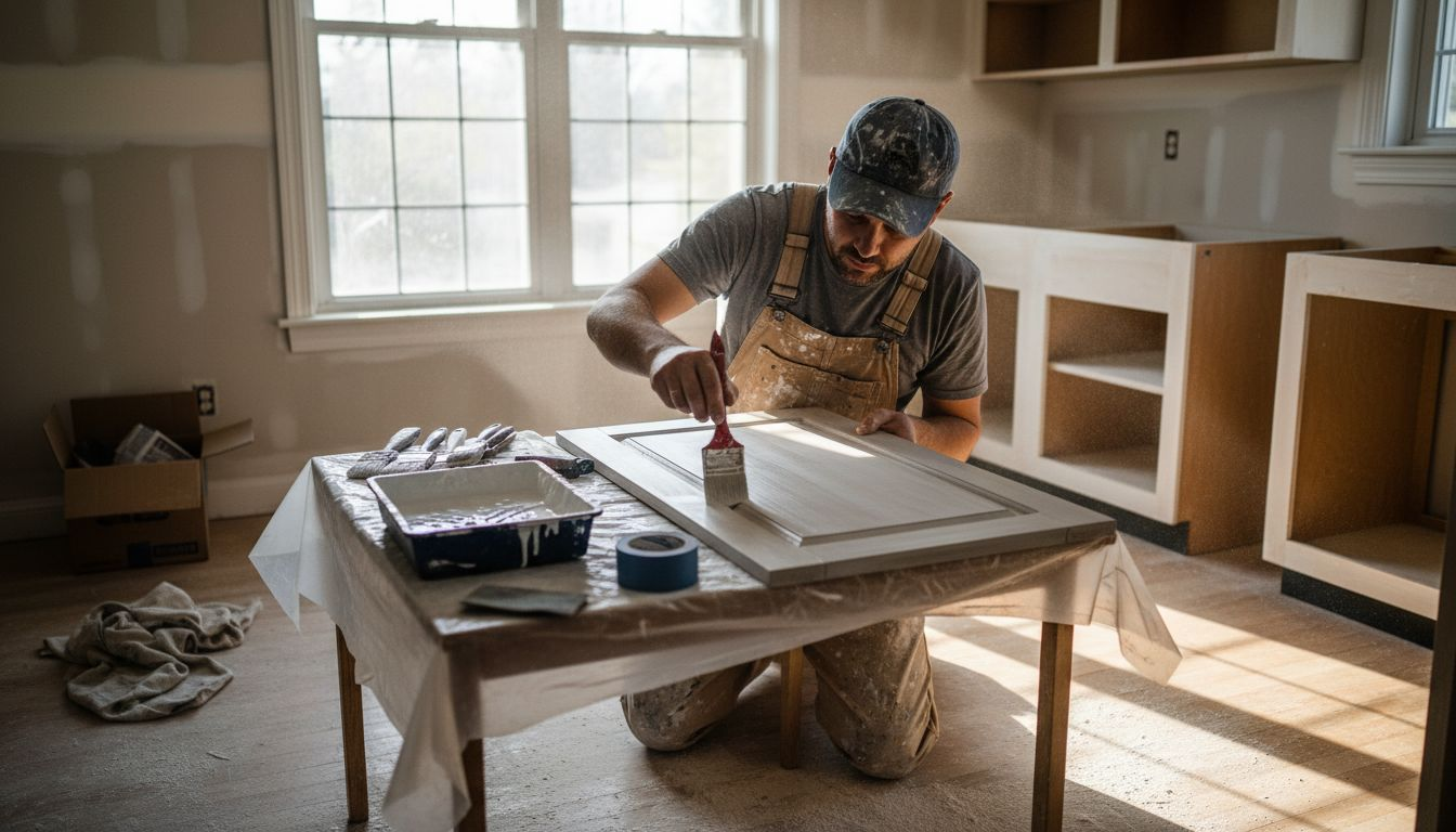 Painter prepping Ottawa kitchen cabinet