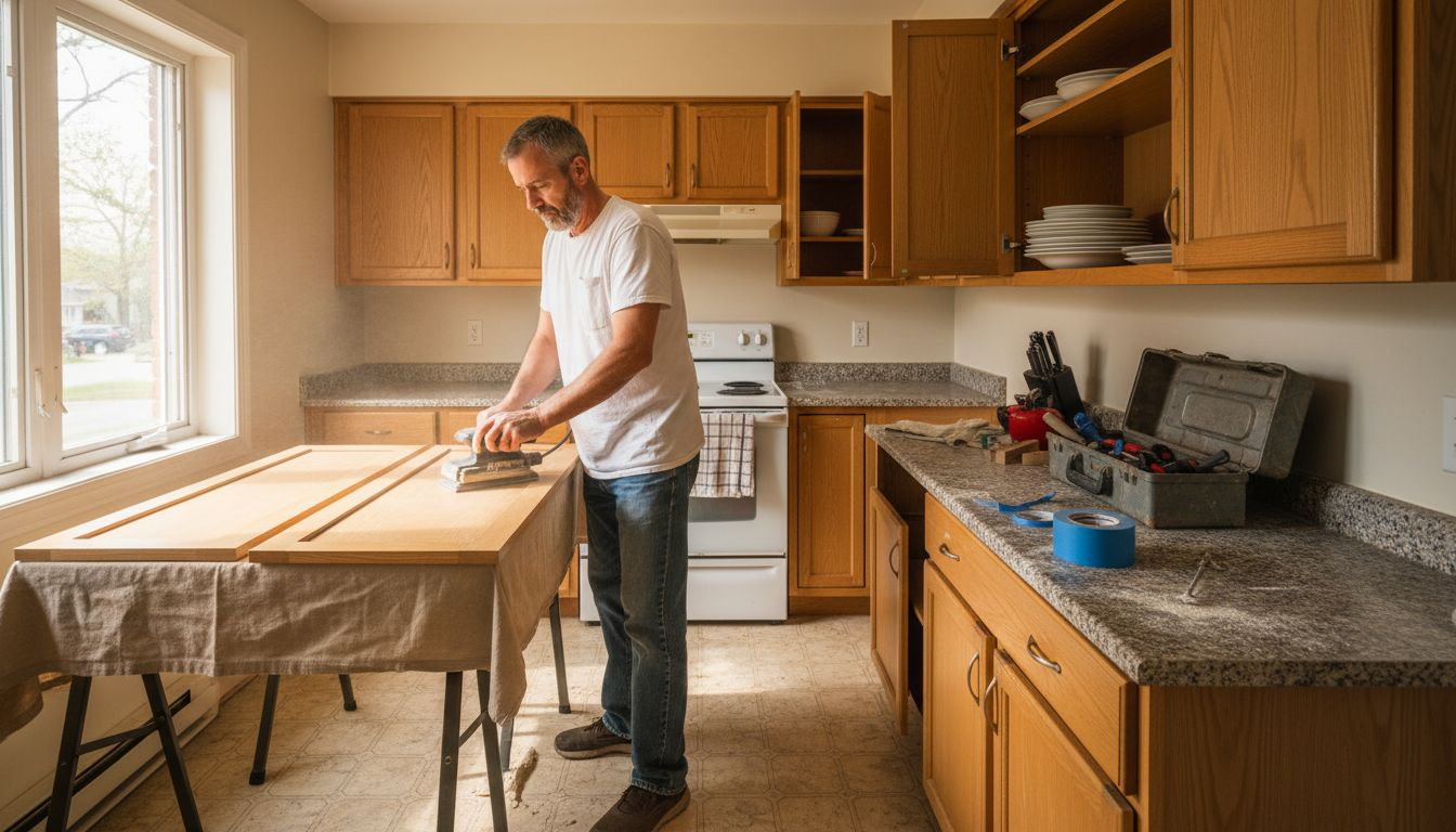 Man refinishing kitchen cabinets in Ottawa home