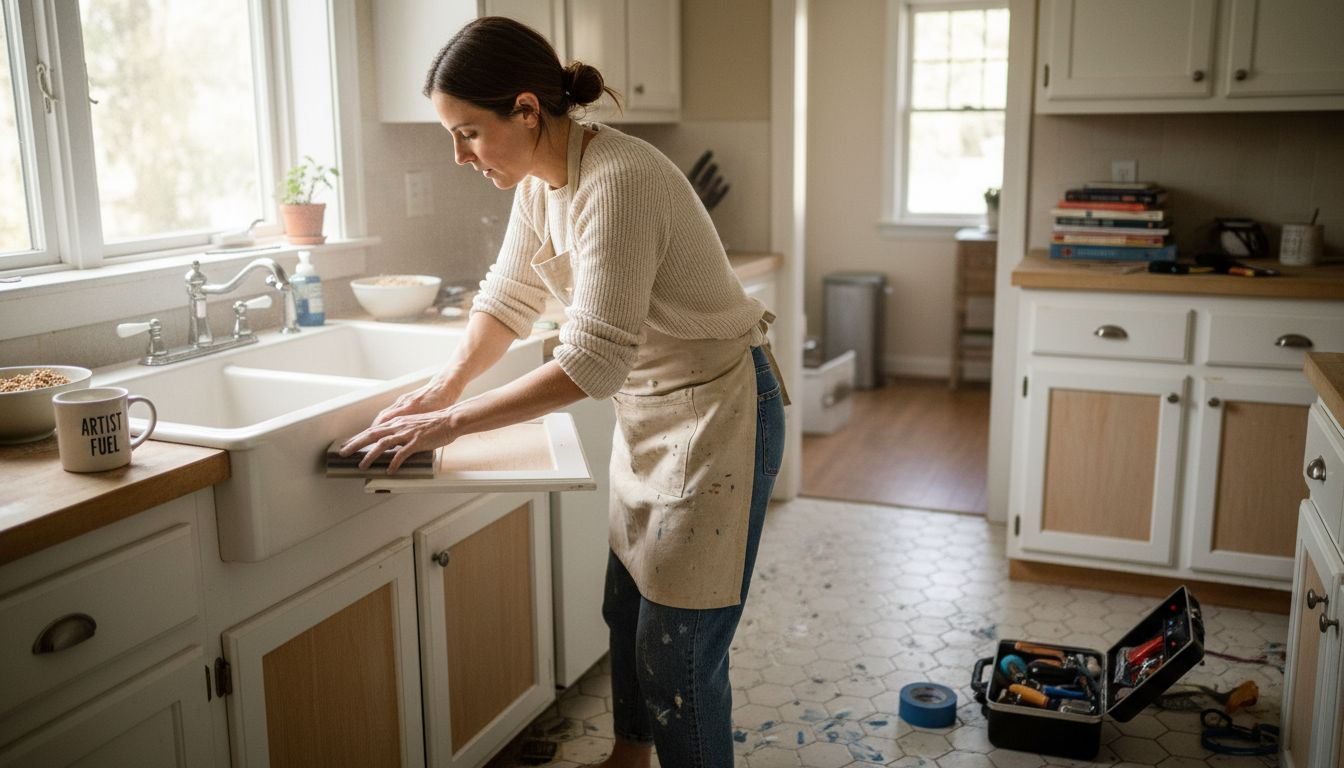 Homeowner sanding kitchen cabinet for refinishing