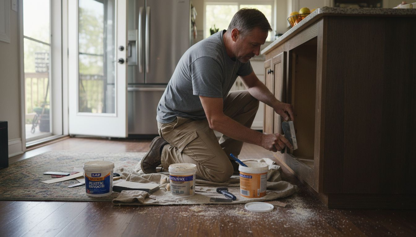 Person repairing cabinet dent with wood filler