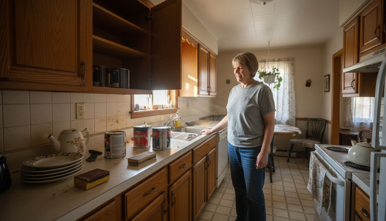 Homeowner in Ottawa kitchen with refinished cabinets